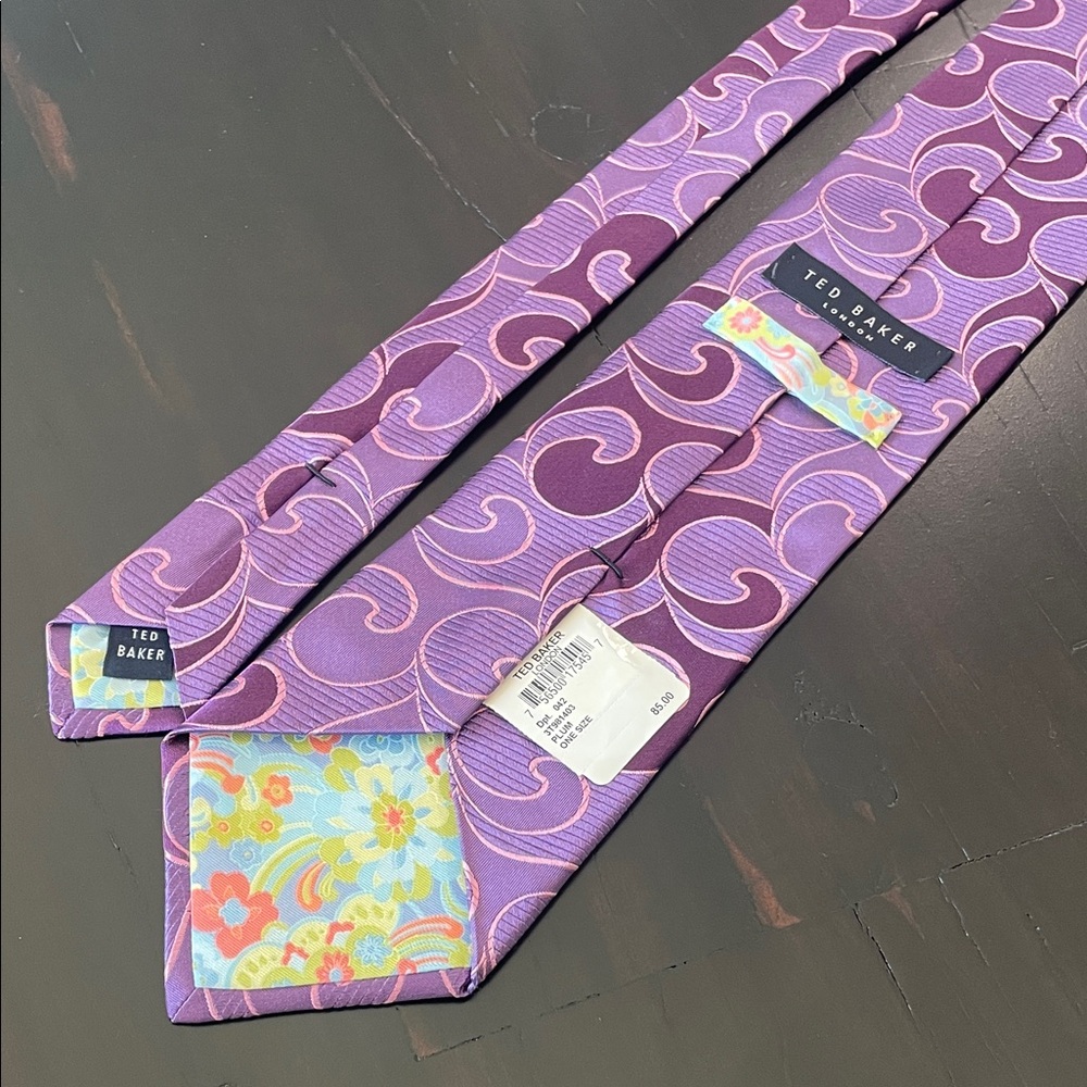 Ted Baker Lavender and Plum Wave Pattern Silk Tie with Floral Tip